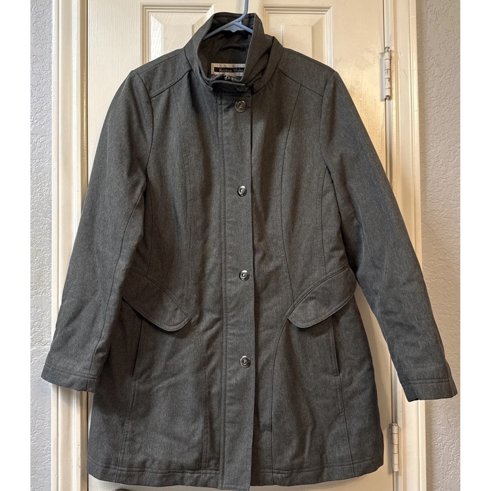Kristen Blake Hooded Raincoat Women Large Grey Quilted Lined Cinch Waist